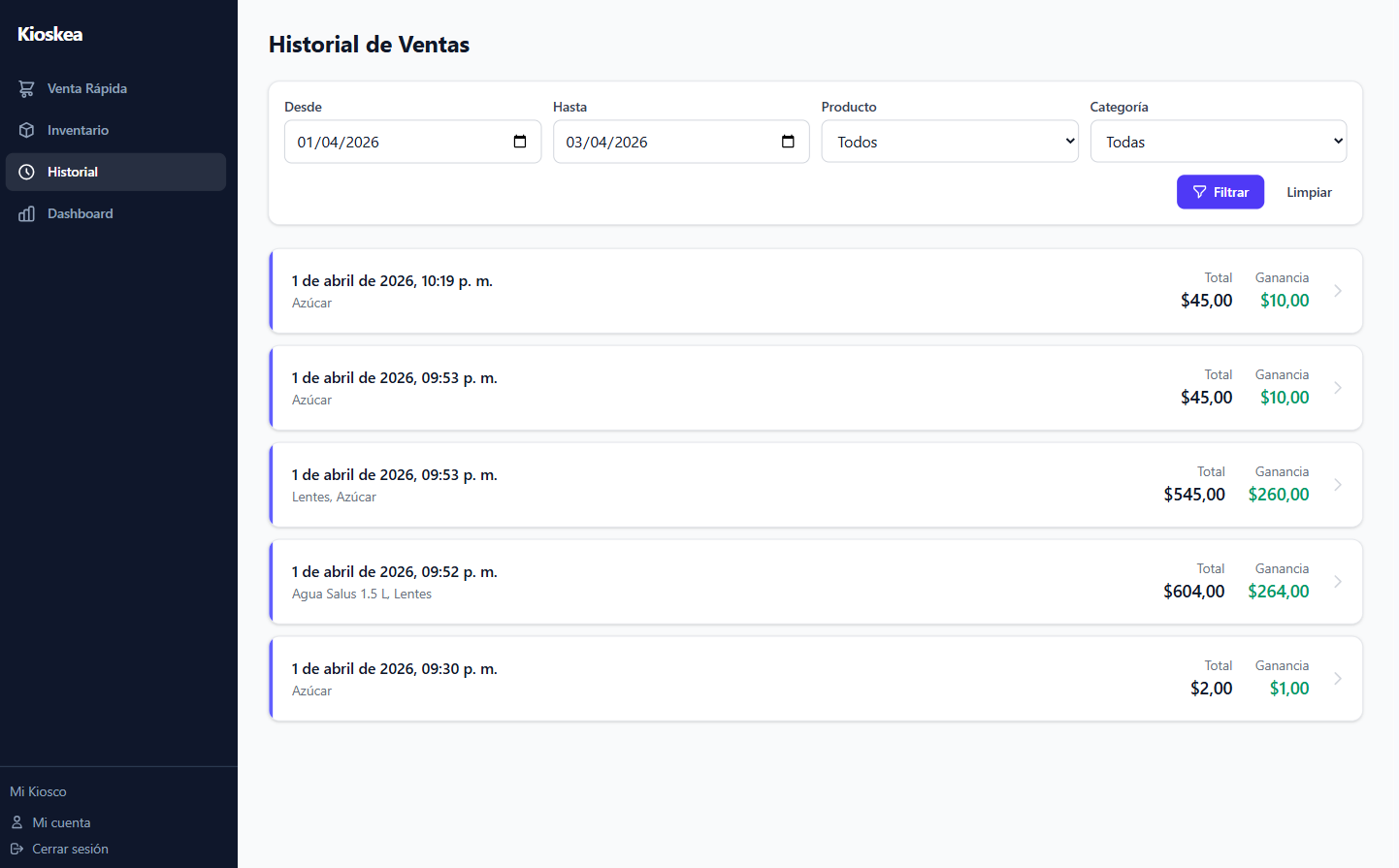 Historial de ventas de Kioskea con filtros por fecha y detalle de cada transaccion