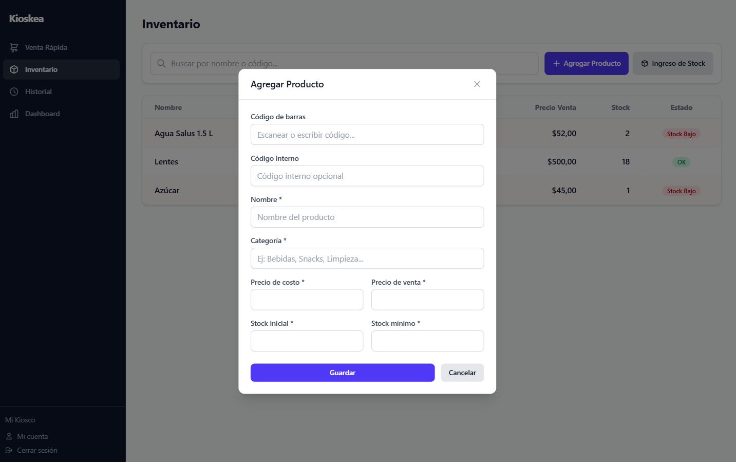 Pantalla de gestion de inventario de Kioskea con listado de productos, stock y alertas