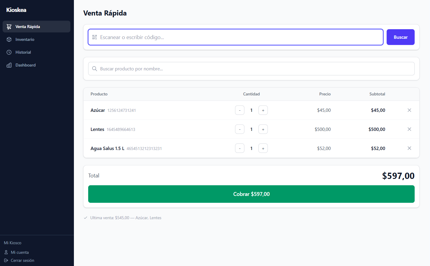 Punto de venta rapido de Kioskea con escaner de codigo de barras para registrar ventas al instante